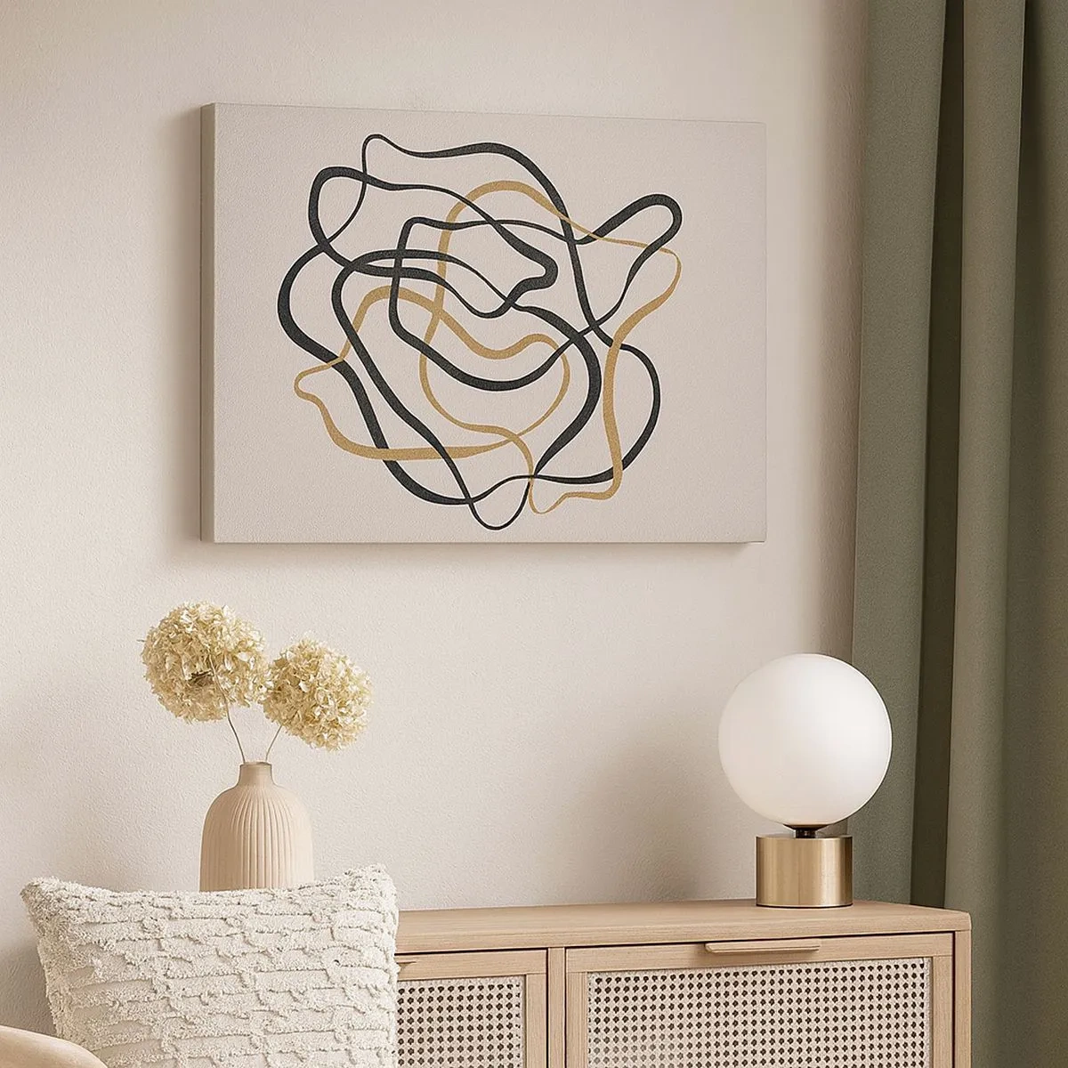 Lærredstryk - Billede på lærred - Sammenfiltrede linjer i sort og guld på en lys baggrund - 70x50cm - Alt er gået galt - Moderne vægdekoration til stue og soveværelse ARTTOR