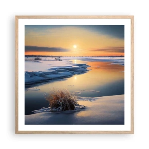 Plakat i ramme af lyst egetræ - Vintersolnedgang - 60x60 cm