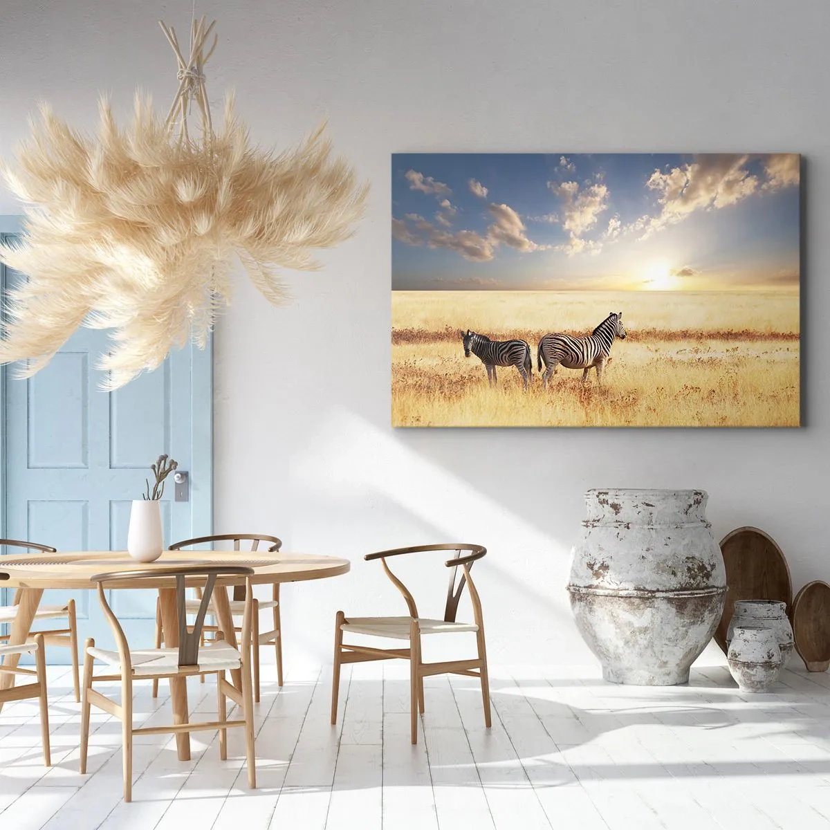 Lærredstryk - Billede på lærred - To zebraer på savannen i den nedgående sols stråler - 70x50cm - Gå væk, forstyrr ikke freden - Moderne vægdekoration til stue og soveværelse ARTTOR