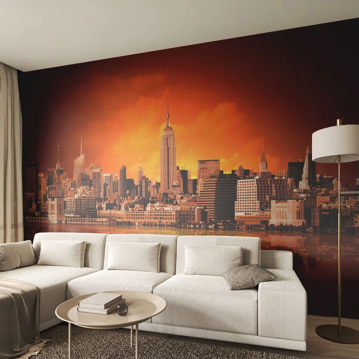 Fototapet Premium Canvas - Storbypanorama i gult og brunt - New York, Arkitektur, By - 250x175 cm