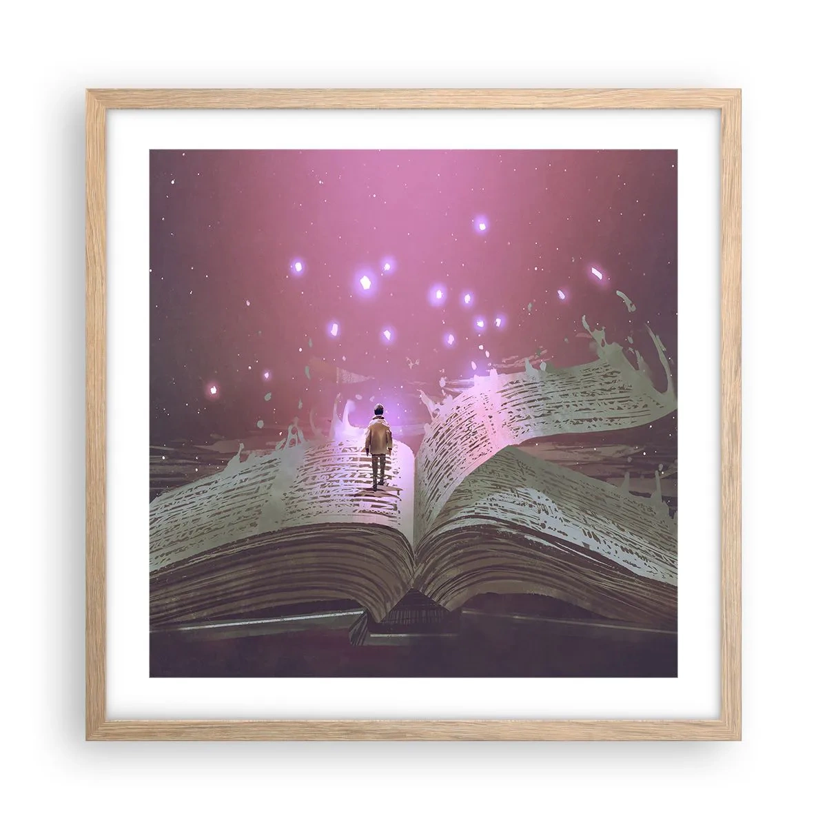 Plakat i ramme af lyst egetræ - En invitation til en anden verden - læs den! - 50x50 cm