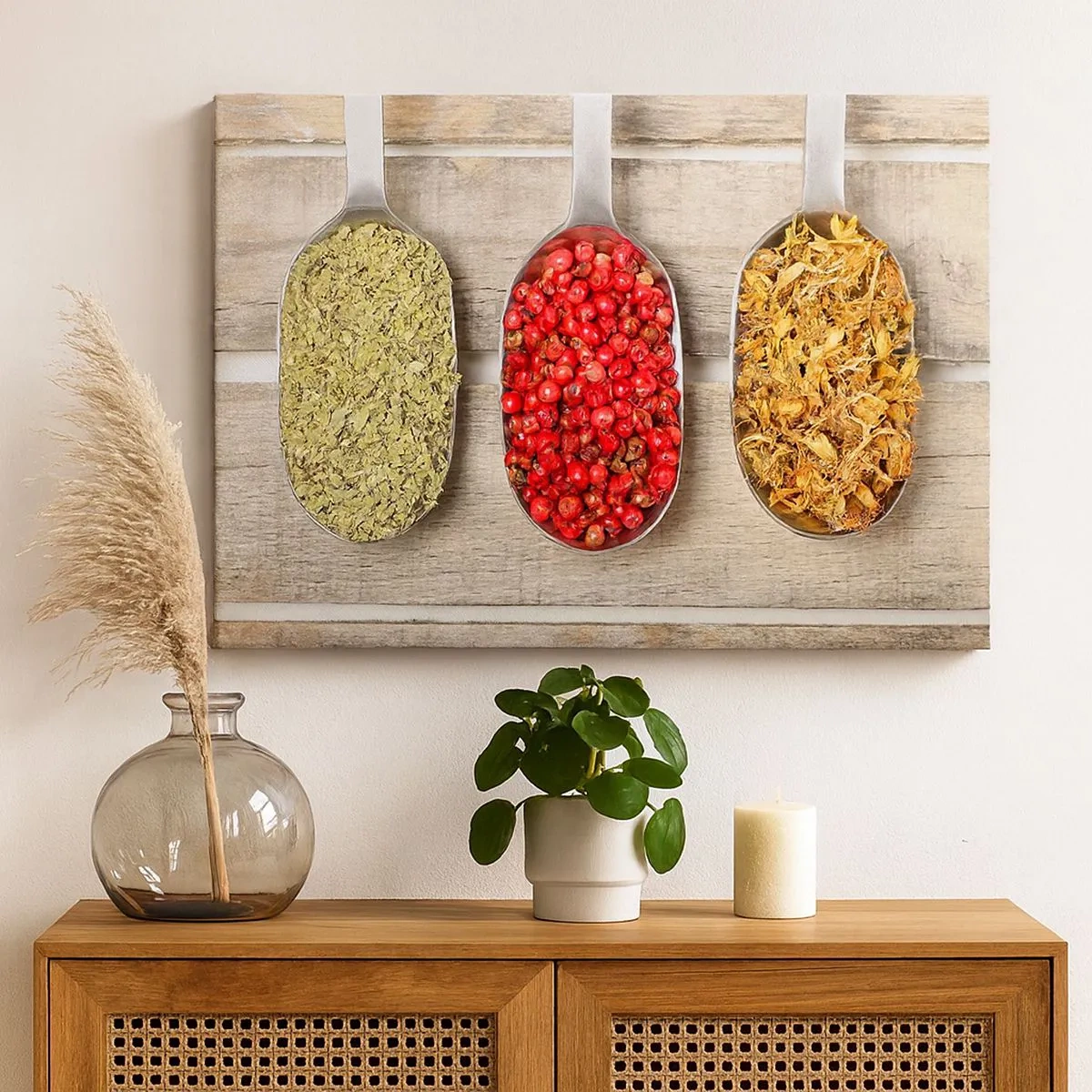 Lærredstryk - Billede på lærred - Tre metalskeer med krydderier på en træbaggrund - 70x50cm - Magi i køkkenet - Moderne vægdekoration til stue og soveværelse ARTTOR