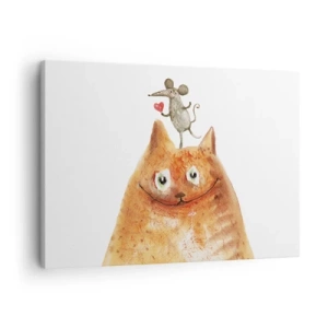 Lærredstryk - Billede på lærred - En tegning af en kat med en mus på hovedet, der holder et hjerte - 70x50cm - Kærlighedens paradokser - Moderne vægdekoration til stue og soveværelse ARTTOR