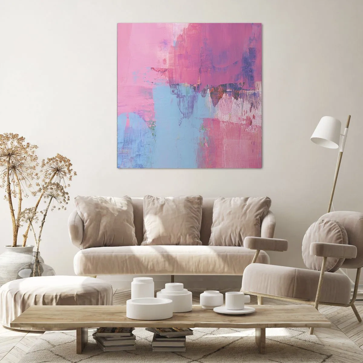 Lærredstryk - Billede på lærred - Lyserød, blå og en knivspids lys - 70x70 cm