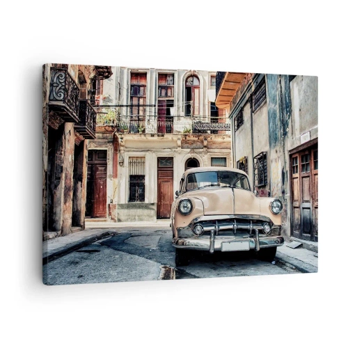 Lærredstryk - Billede på lærred - En klassisk bil på baggrund af byarkitektur - 70x50cm - Siesta i Havana - Moderne vægdekoration til stue og soveværelse ARTTOR