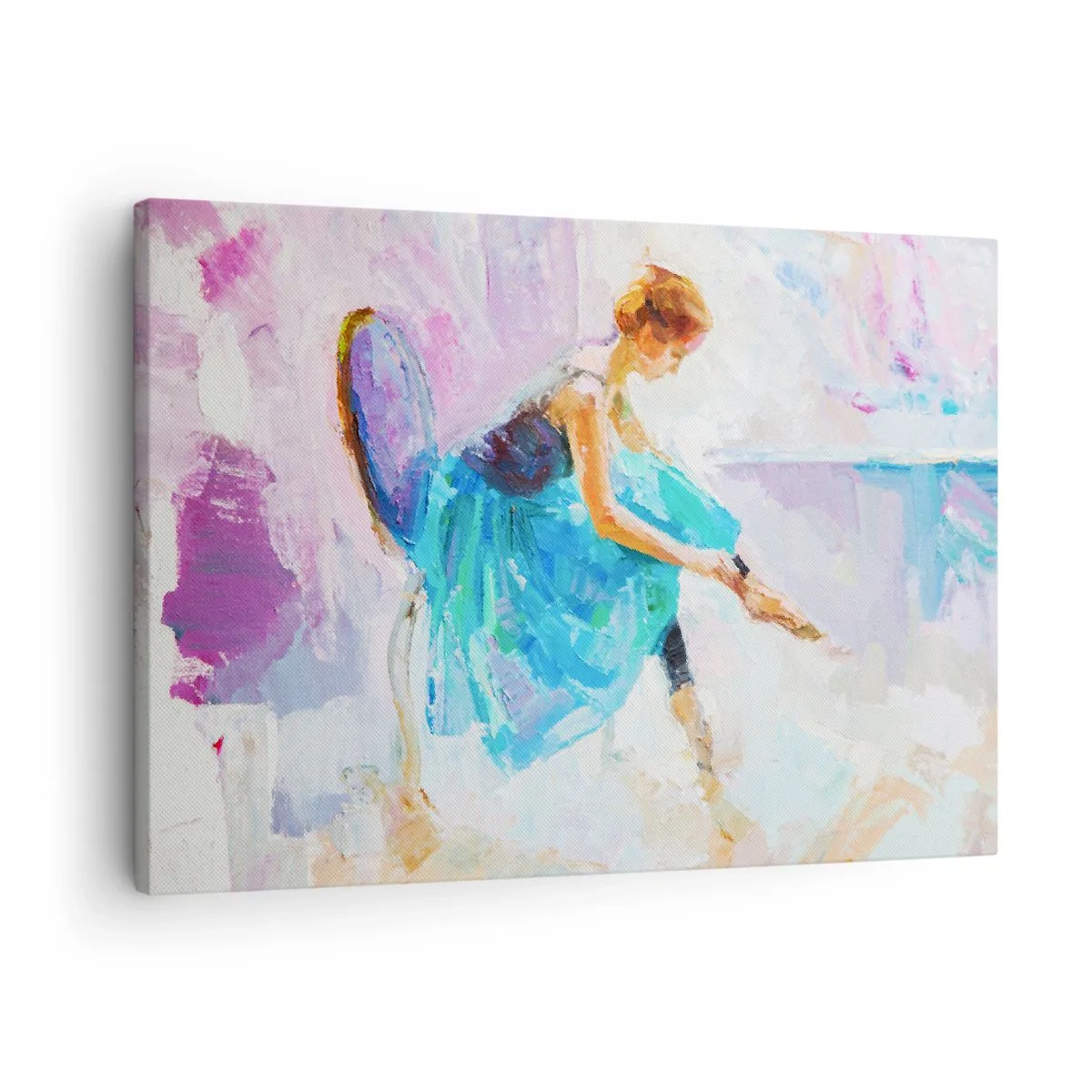 Lærredstryk - Billede på lærred - En ballerina gør sig klar til at danse i pastelfarver. - 70x50cm - Ubeskrivelig ynde, subtil charme - Moderne vægdekoration til stue og soveværelse ARTTOR