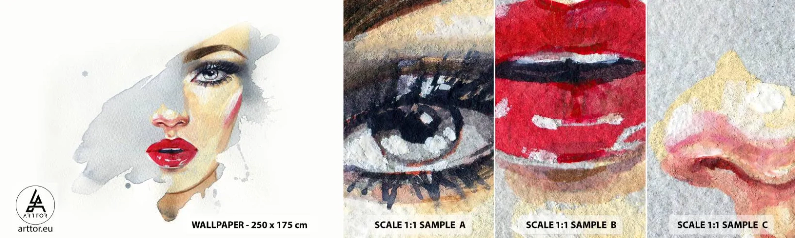 Fototapet Prøve Standard Eco - Refleksion i en vanddråbe - Kvindens ansigt, Kvinde, røde læber - 100x30 cm