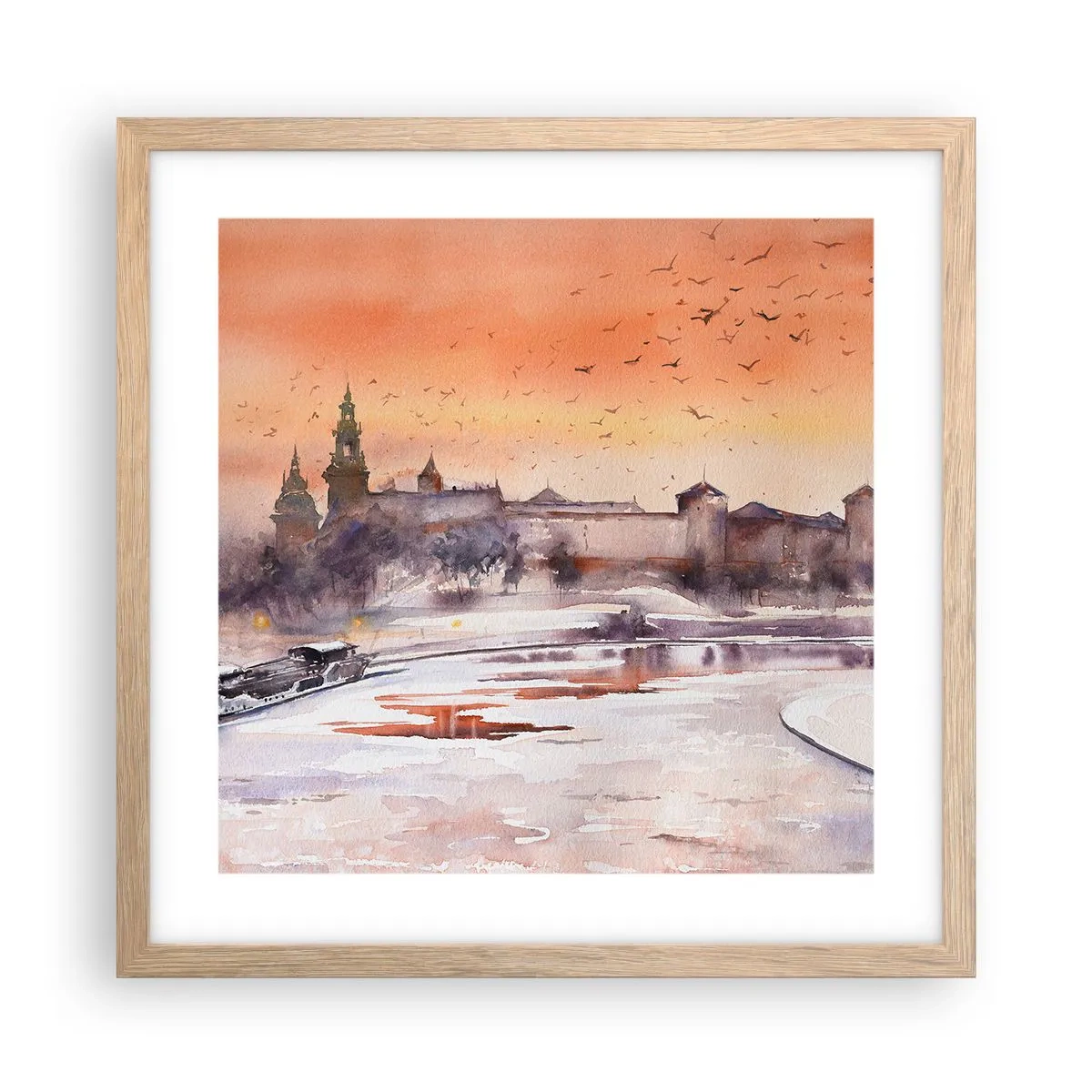 Plakat i ramme af lyst egetræ - Kongelig solnedgang - 40x40 cm