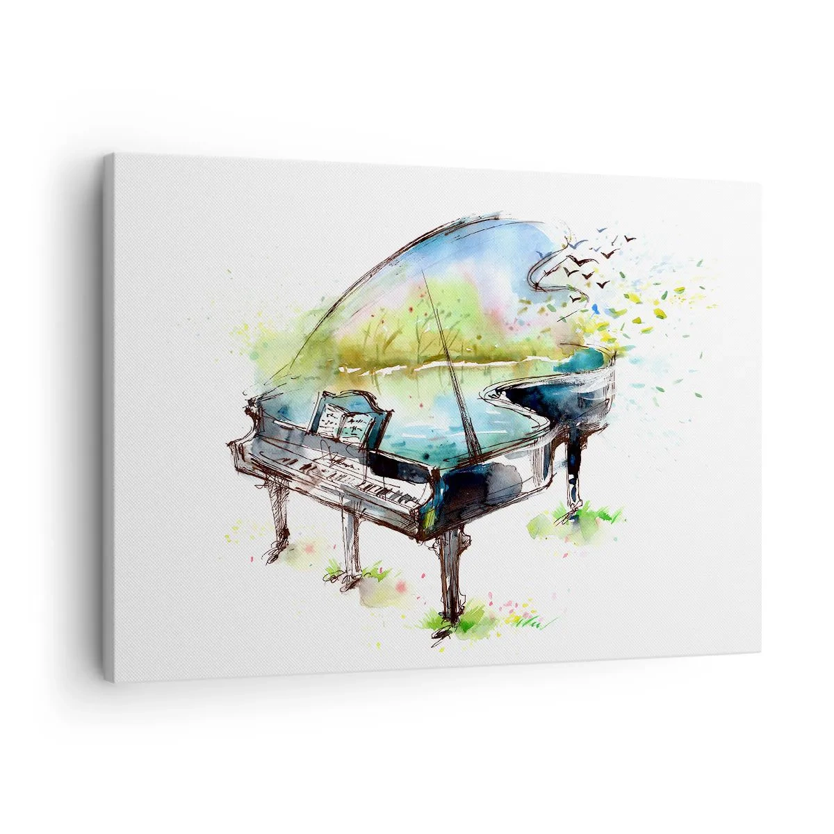 Lærredstryk - Billede på lærred - Kunstnerisk akvarelmaleri af et klaver med naturen i baggrunden - 70x50cm - Fortryllet af musik - Moderne vægdekoration til stue og soveværelse ARTTOR