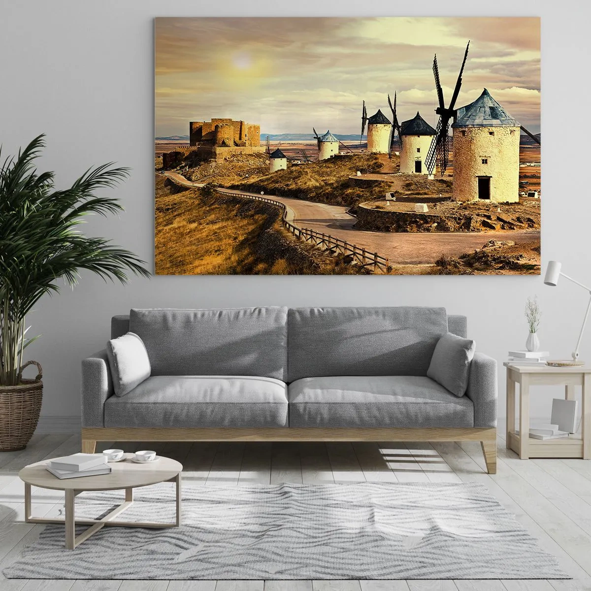Billede på glas - Vindmøller og et slot i landskabet ved solnedgang - 70x50cm - Don Quixote er ved at dukke op - Moderne vægdekoration til stue og soveværelse ARTTOR