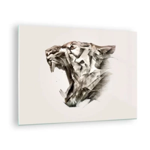 Billede på glas - Geometrisk illustration af en brølende tiger på en lys baggrund - 70x50cm - Du ved allerede, hvem der har ansvaret - Moderne vægdekoration til stue og soveværelse ARTTOR