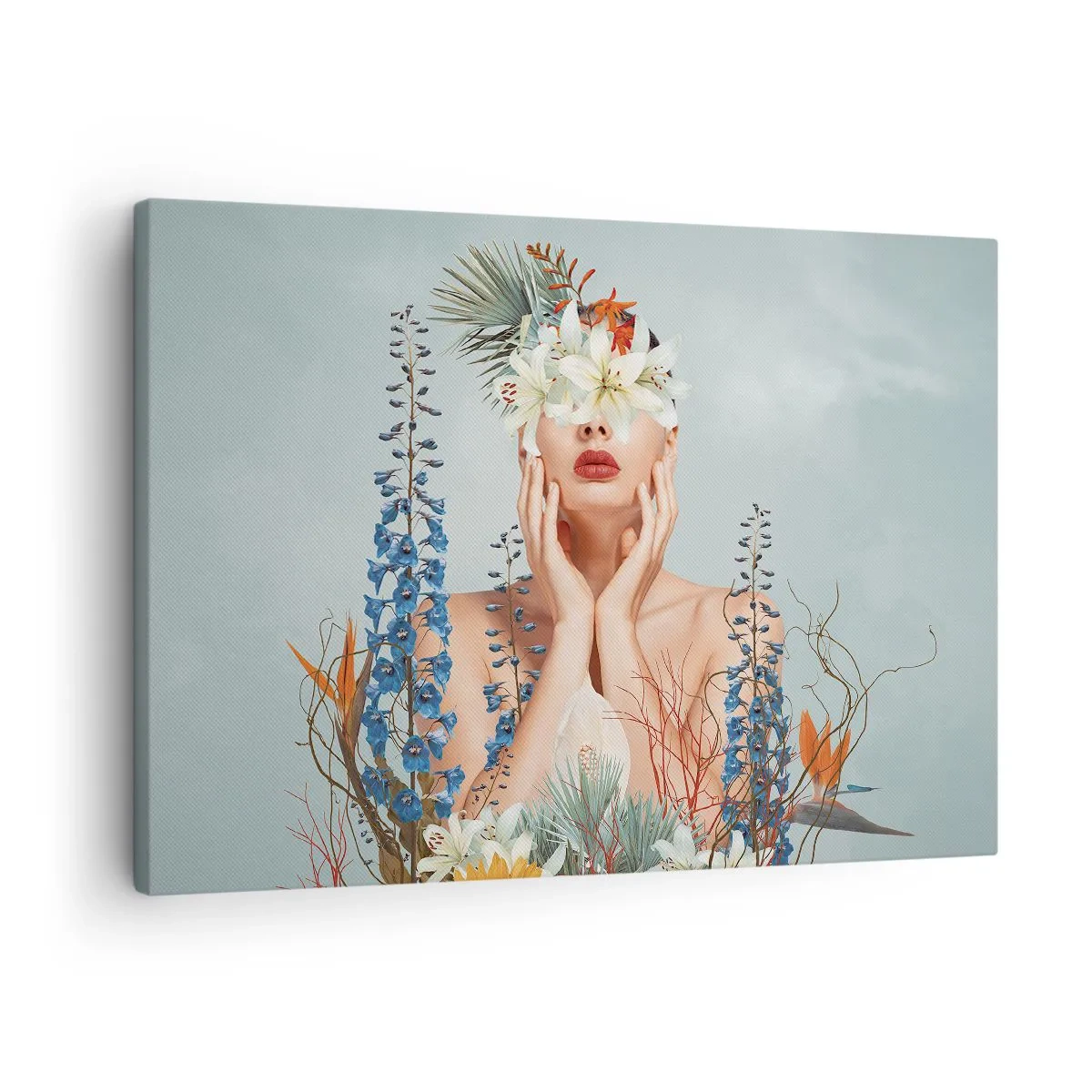 Lærredstryk - Billede på lærred - Portræt af en kvinde med blomstermotiv mod en blå baggrund - 70x50cm - Kvinde blomst - Moderne vægdekoration til stue og soveværelse ARTTOR
