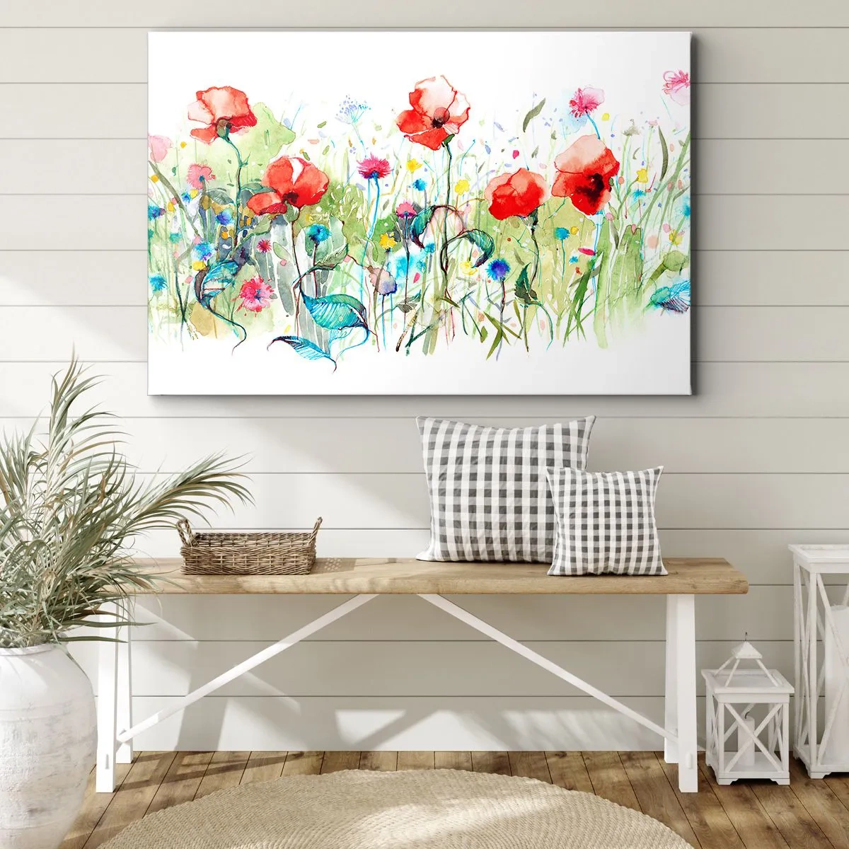 Lærredstryk - Billede på lærred - En eng med røde valmuer og farverige blomster i akvarel - 70x50cm - En blomstrende eng i maj - Moderne vægdekoration til stue og soveværelse ARTTOR