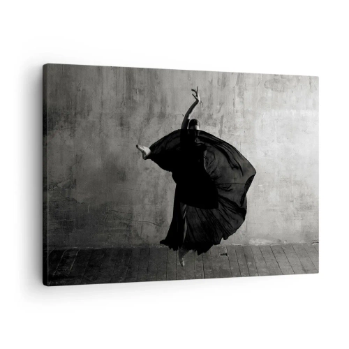 Lærredstryk - Billede på lærred - Sort og hvid silhuet af en danser i bevægelse mod en vægbaggrund - 70x50cm - Passioneret bælte - Moderne vægdekoration til stue og soveværelse ARTTOR