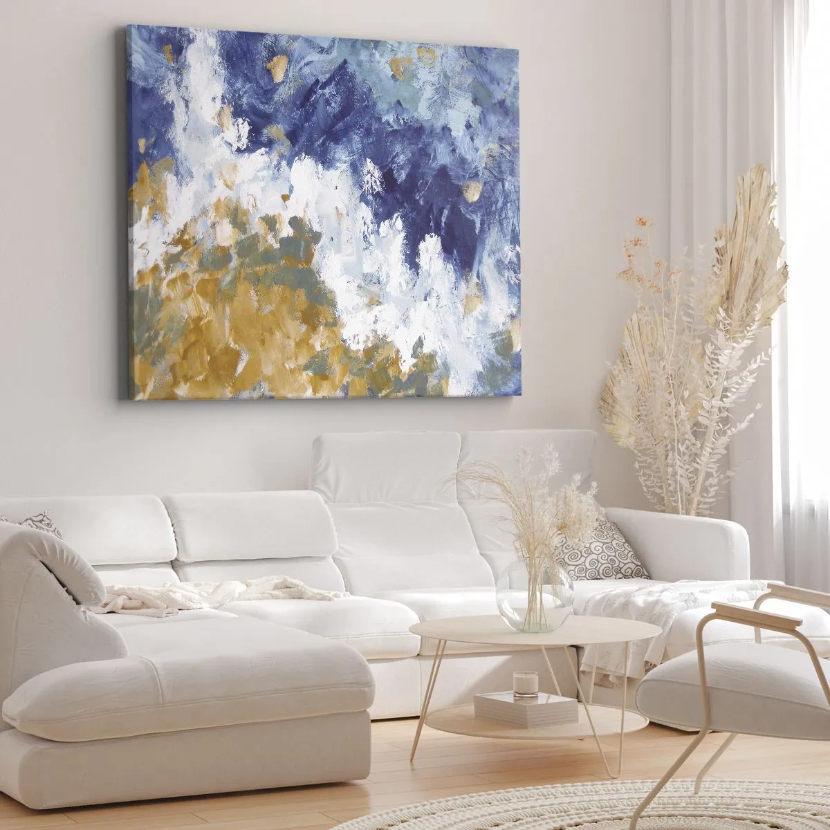 Lærredstryk - Billede på lærred - Abstraktion i nuancer af blå, hvid og guld - 70x50cm - Elementernes dans - Moderne vægdekoration til stue og soveværelse ARTTOR