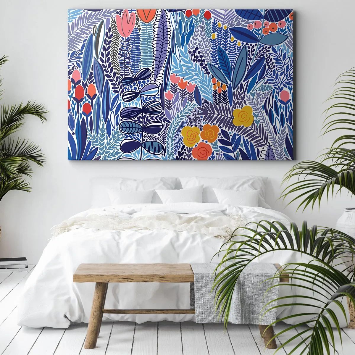 Lærredstryk - Billede på lærred - Et farverigt plantemotiv i en moderne grafisk stil - 70x50cm - Hawaiiansk have - Moderne vægdekoration til stue og soveværelse ARTTOR
