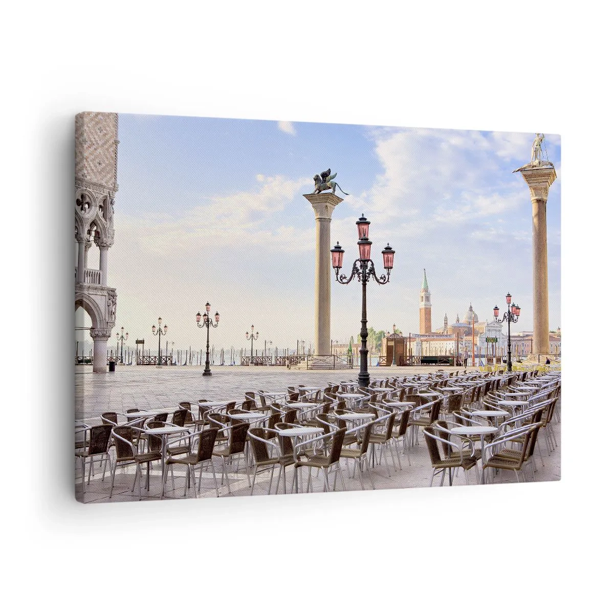 Lærredstryk - Billede på lærred - Venedig, udsigt over torvet med søjler og caféborde - 70x50cm - Velkommen, alt er klar - Moderne vægdekoration til stue og soveværelse ARTTOR