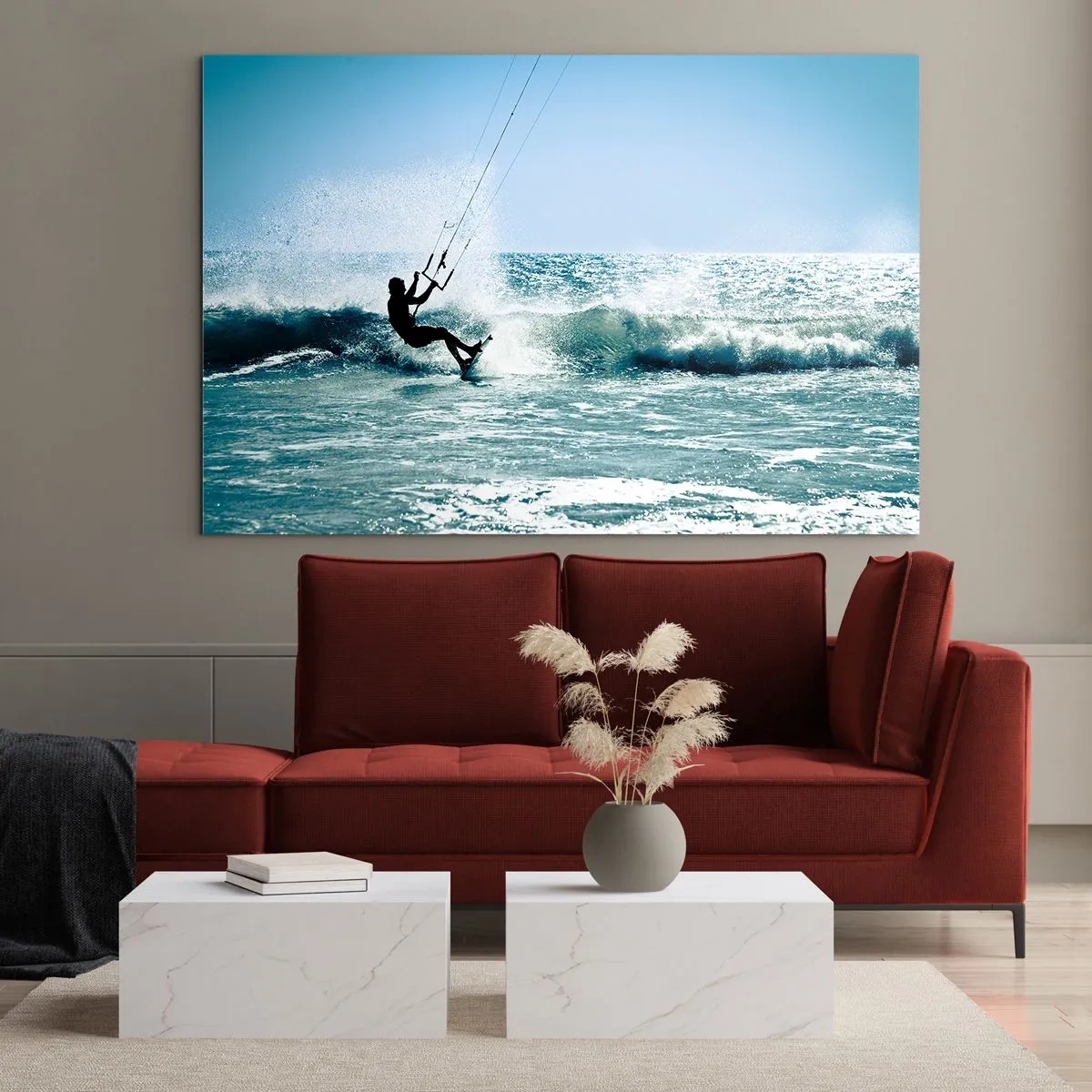 Billede på glas - Kitesurfer på havets bølger på en solskinsdag - 70x50cm - Lad dig rive med - Moderne vægdekoration til stue og soveværelse ARTTOR