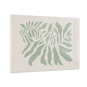 Billede på glas - En smaragdgrøn gren med organiske former på en lys baggrund - 70x50cm - Smaragdgrøn gren - Moderne vægdekoration til stue og soveværelse ARTTOR