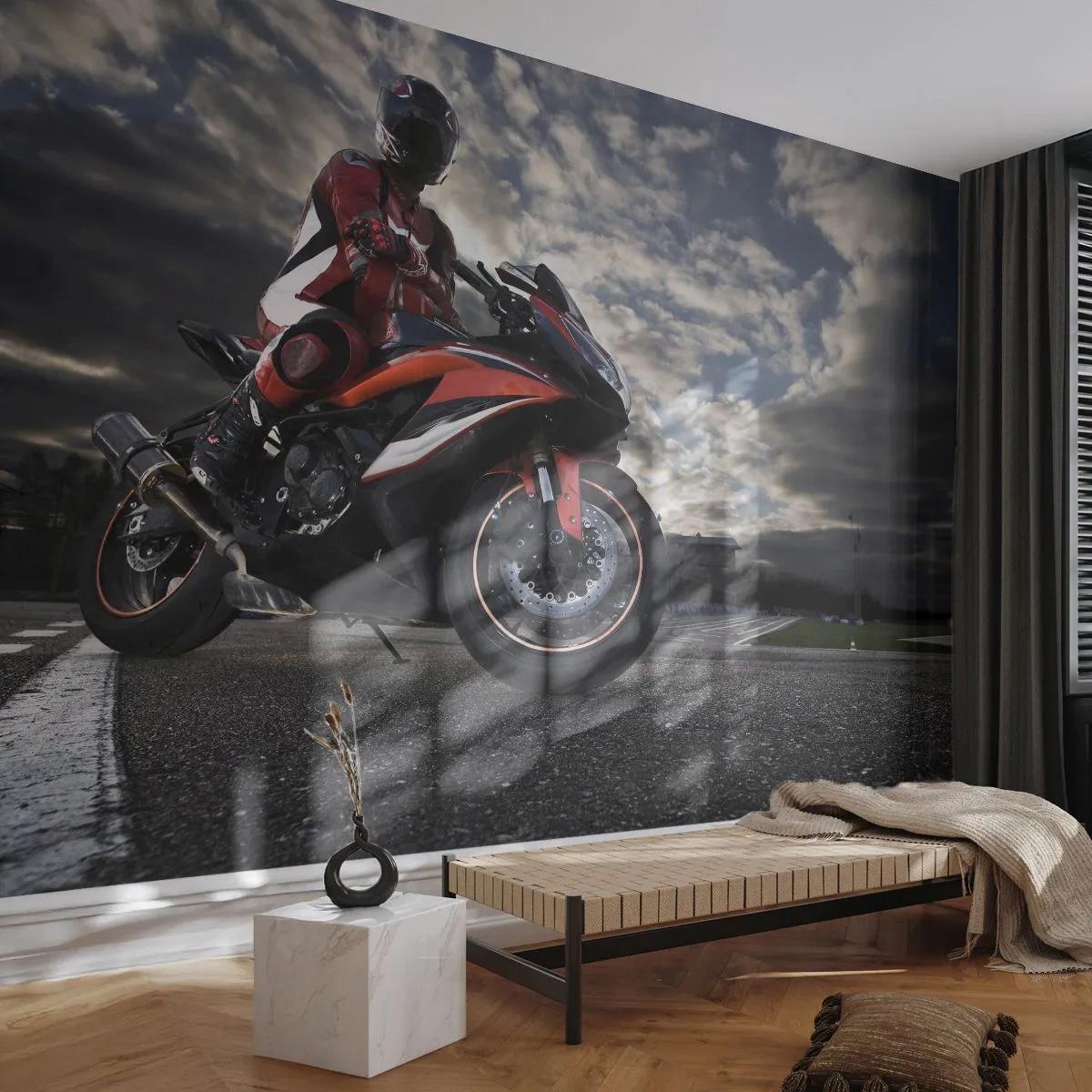 Fototapet Premium Sand - Mørkets rytter - Automotive, Motorcykel, Race - 100x70 cm