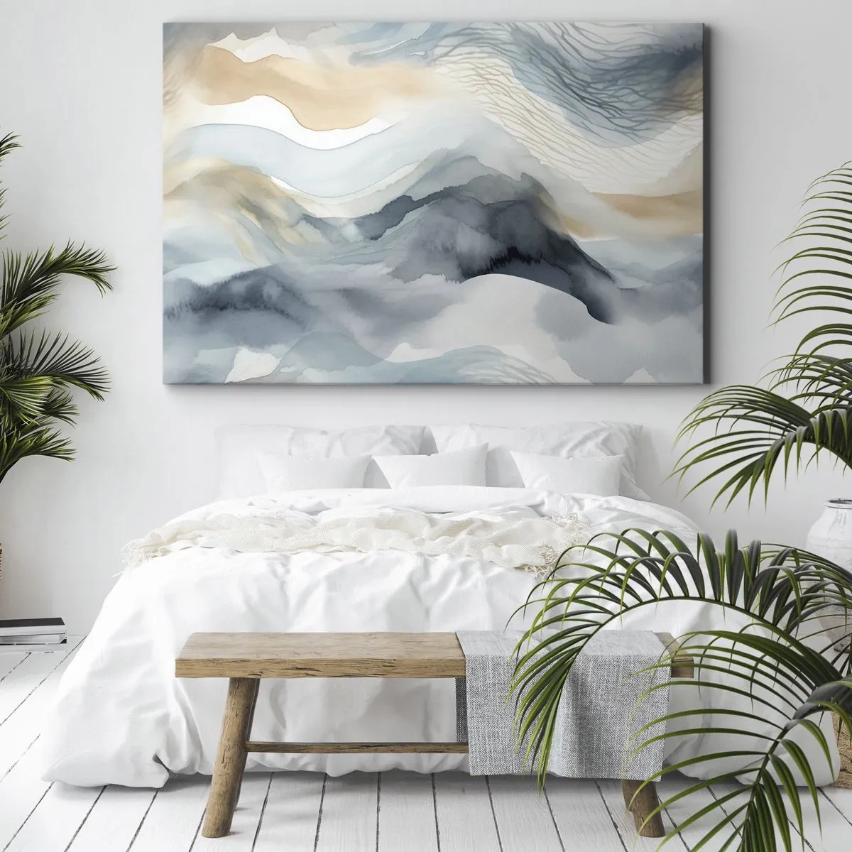Lærredstryk - Billede på lærred - En delikat abstraktion med et bjergmotiv i pastelfarver. - 70x50cm - Abstraktion af sne og tåge - Moderne vægdekoration til stue og soveværelse ARTTOR