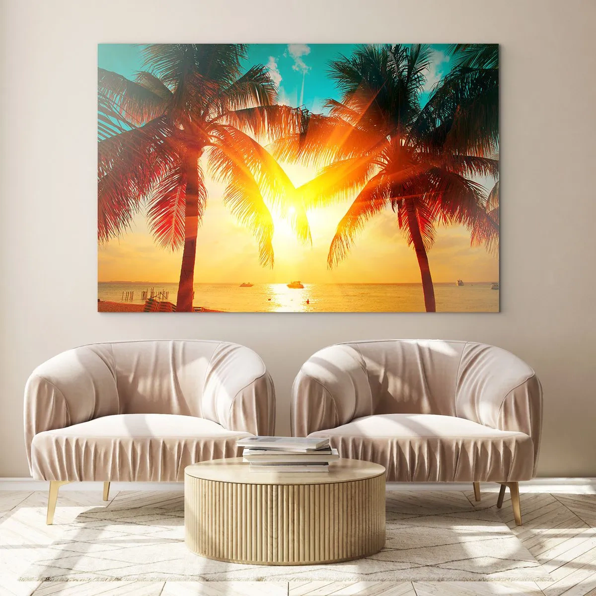 Billede på glas - Solbeskinnede palmer over en tropisk strand - 70x50cm - Eksotisk par - Moderne vægdekoration til stue og soveværelse ARTTOR