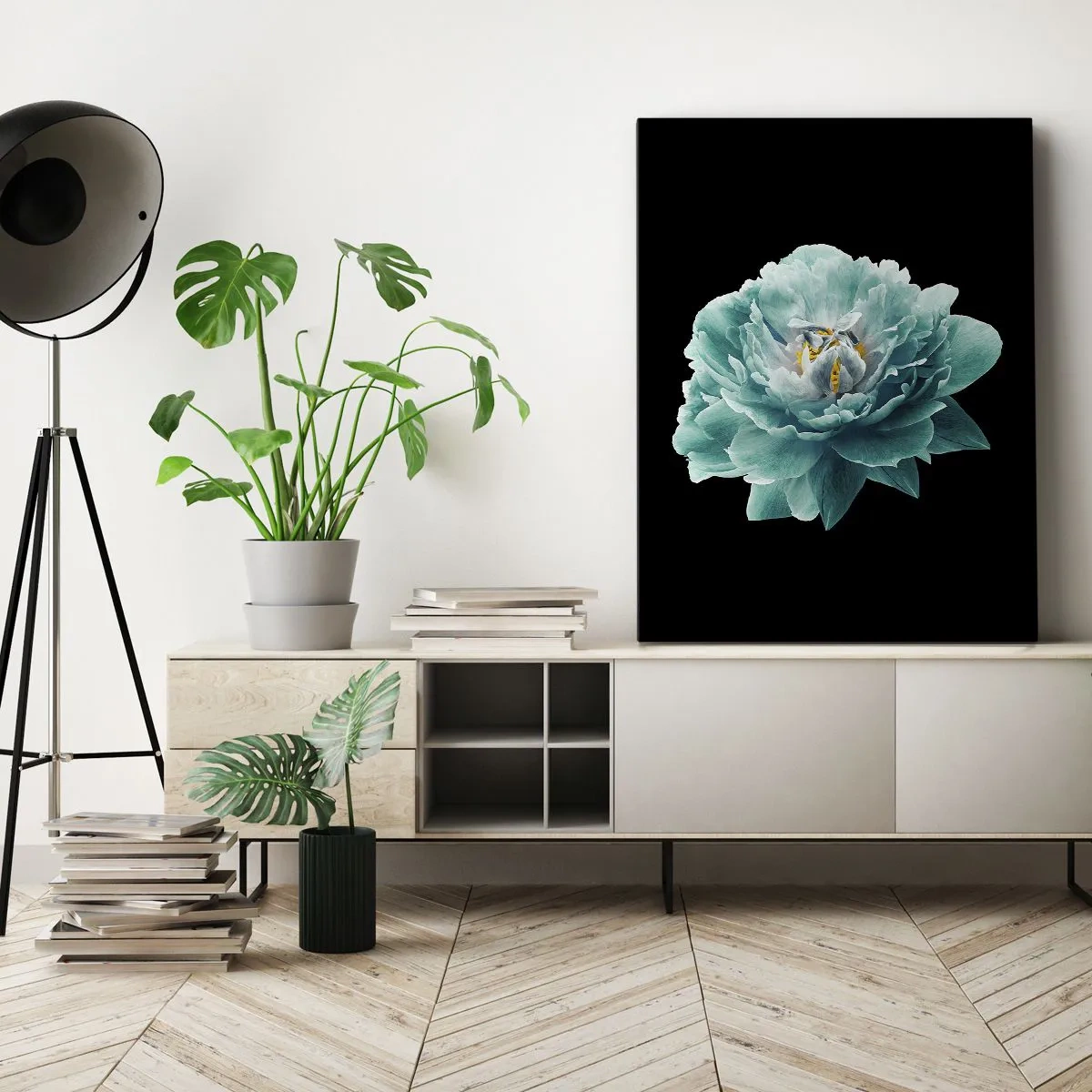 Lærredstryk - Billede på lærred - Blå og gyldne kronblade - 50x70 cm