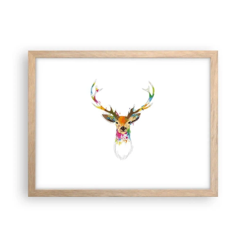 Plakat i ramme af lyst egetræ - Blid kronhjort badet i farver - 40x30 cm