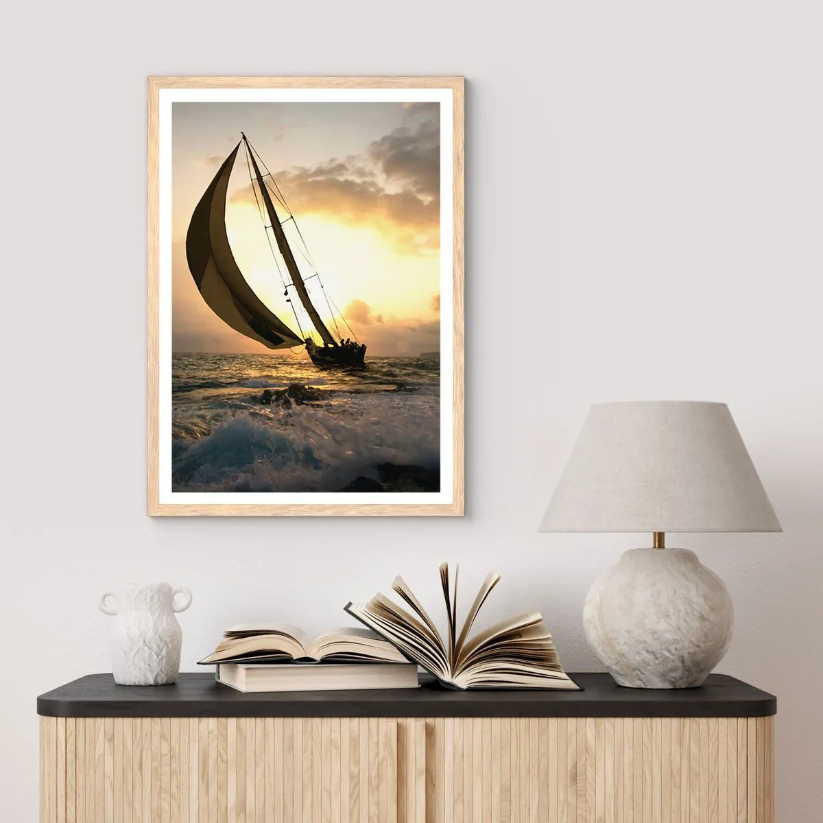 Plakat i ramme af lyst egetræ - I medvind og modvind - 30x40 cm