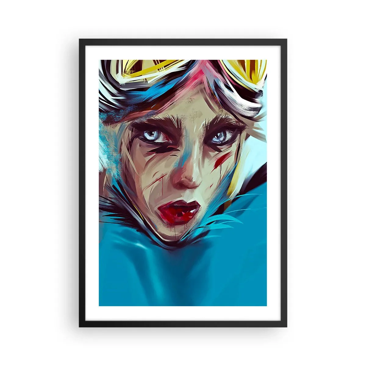 Plakat i sort ramme - Portræt af en kvinde med et intenst blik og en blå baggrund - 50x70cm - Vejkriger - Moderne vægdekoration til stue og soveværelse ARTTOR