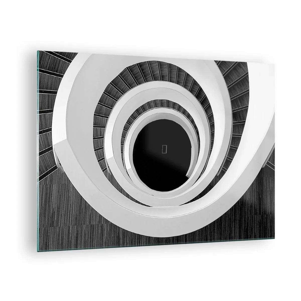 Billede på glas - Sort og hvid vindeltrappe set ovenfra - 70x50cm - Til sagen - Moderne vægdekoration til stue og soveværelse ARTTOR