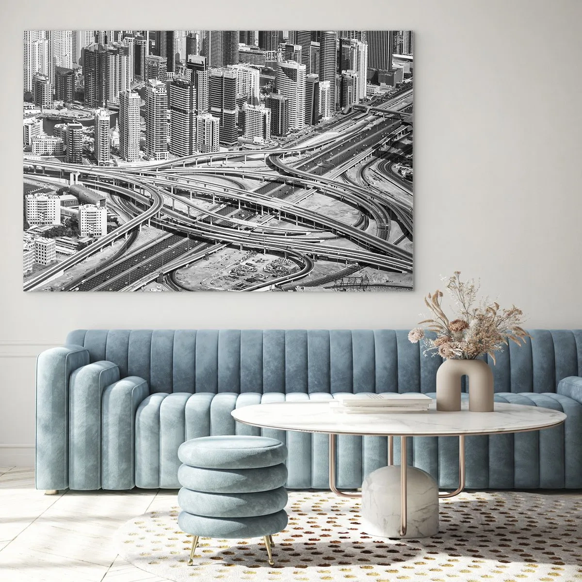 Billede på glas - Sort-hvidt panorama af byen med et motorvejskryds - 70x50cm - Dubai - den umulige by - Moderne vægdekoration til stue og soveværelse ARTTOR
