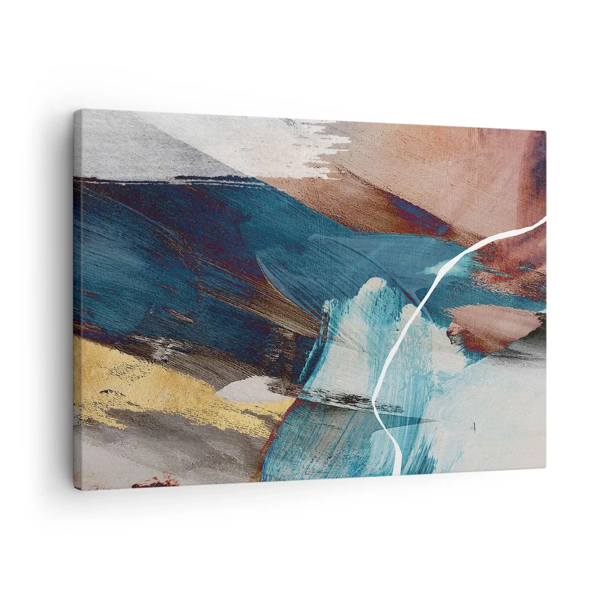 Lærredstryk - Billede på lærred - Abstrakte penselstrøg i nuancer af blå og guld - 70x50cm - Med flair og energi - Moderne vægdekoration til stue og soveværelse ARTTOR