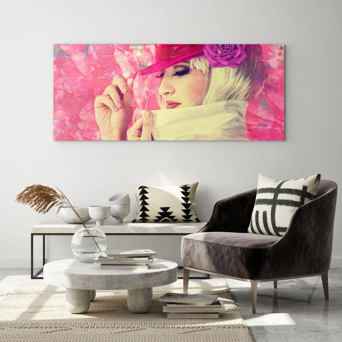Billede på glas - Retro portræt i lyserødt - 100x40 cm