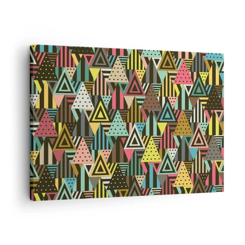 Lærredstryk - Billede på lærred - Farverigt geometrisk mønster med trekanter og linjer - 70x50cm - I takt på tre - Moderne vægdekoration til stue og soveværelse ARTTOR