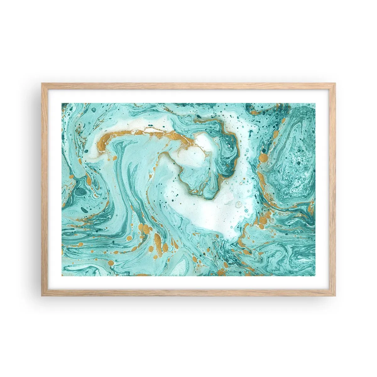 Plakat i ramme af lyst egetræ - Under den store bølge i Edo-perioden - 70x50 cm