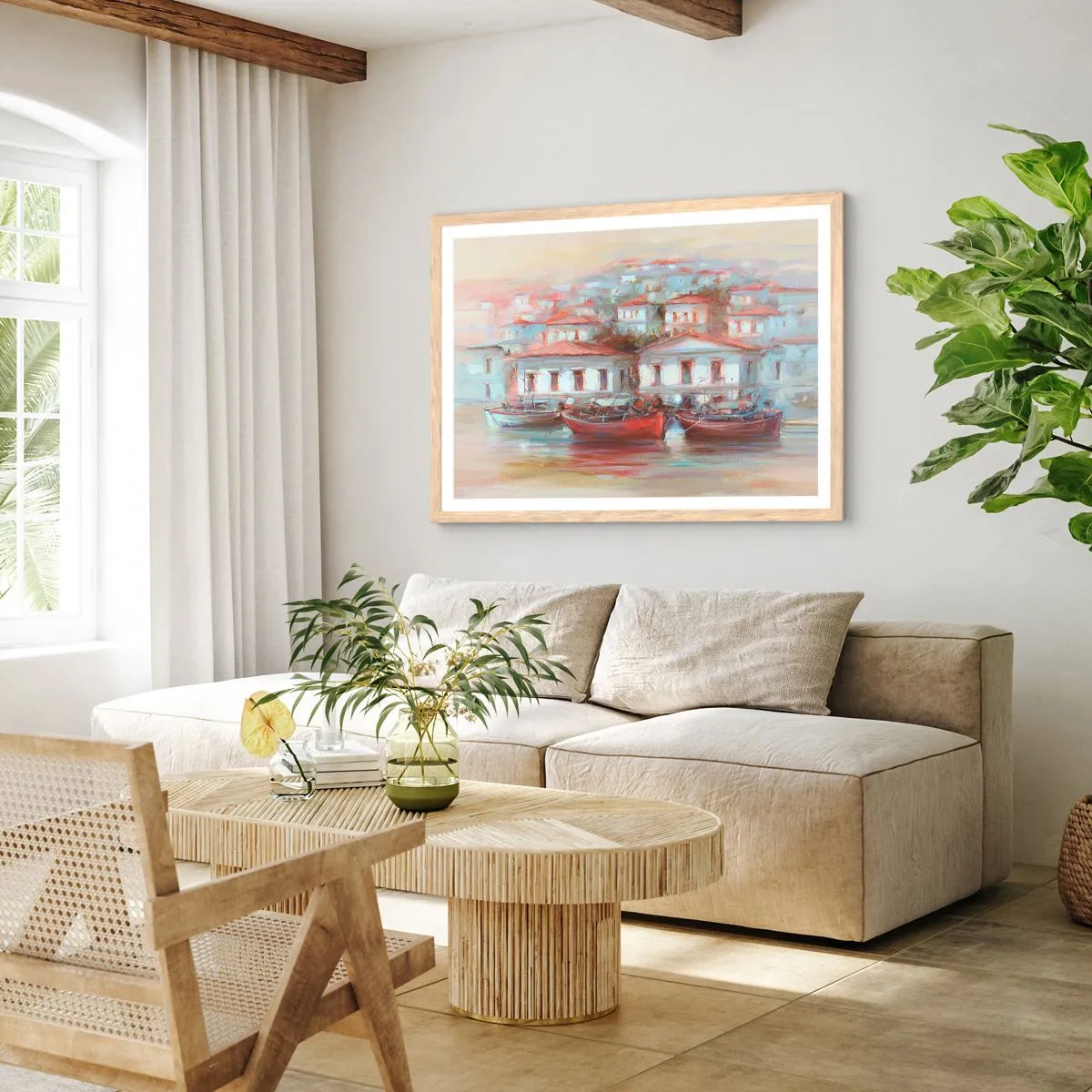 Plakat i ramme af lyst egetræ - Lykkelig by - 50x40 cm