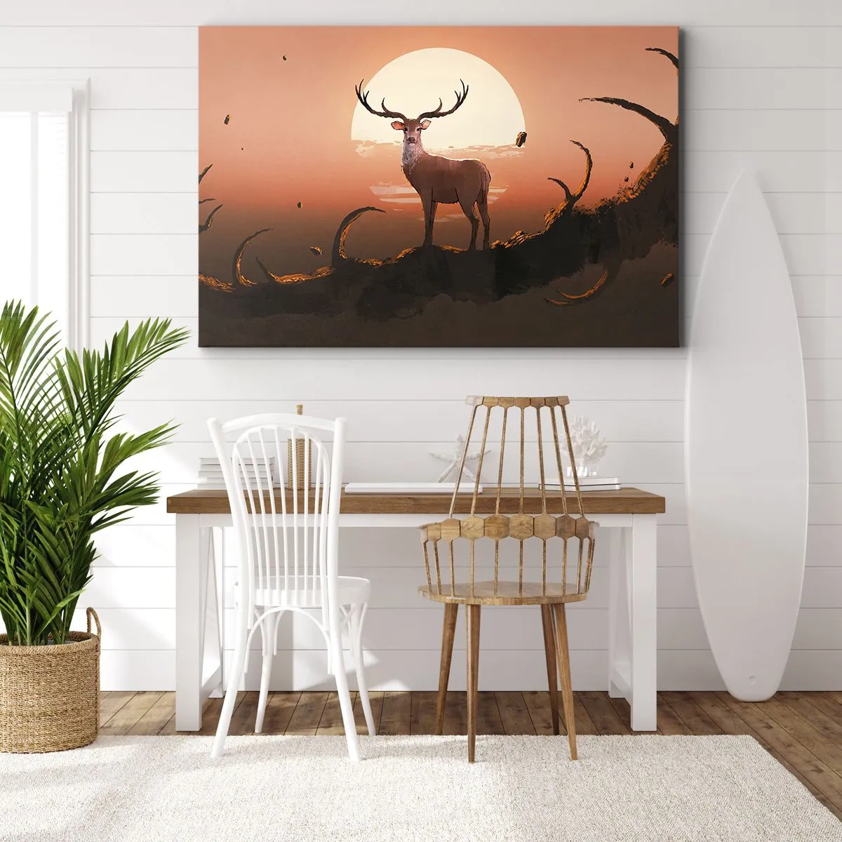 Lærredstryk - Billede på lærred - En hjort mod en solnedgang og et surrealistisk landskab i baggrunden - 70x50cm - Denne aften er ikke som alle andre - Moderne vægdekoration til stue og soveværelse ARTTOR