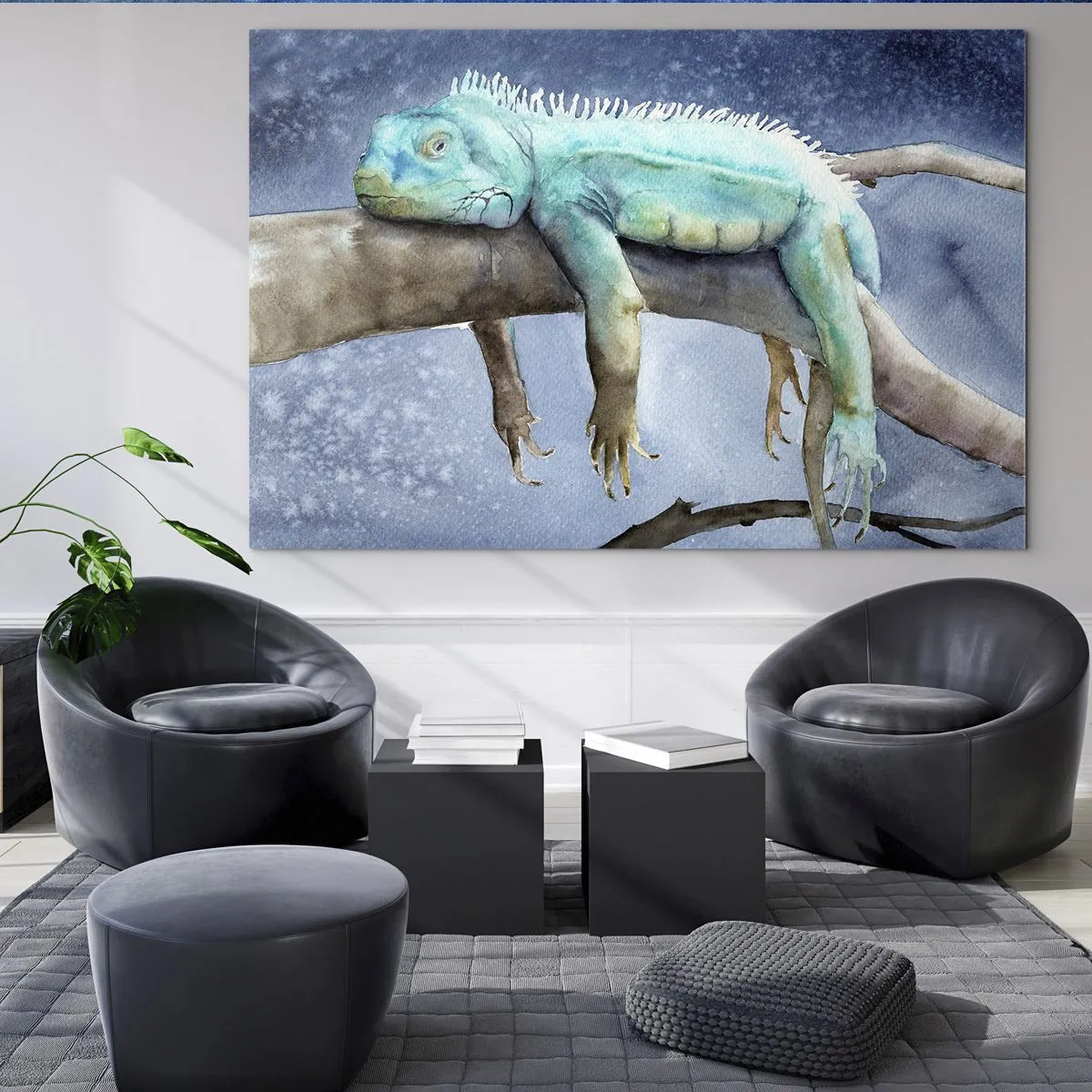 Billede på glas - Blå leguan liggende på en gren i akvarelstil - 70x50cm - Det er godt! - Moderne vægdekoration til stue og soveværelse ARTTOR