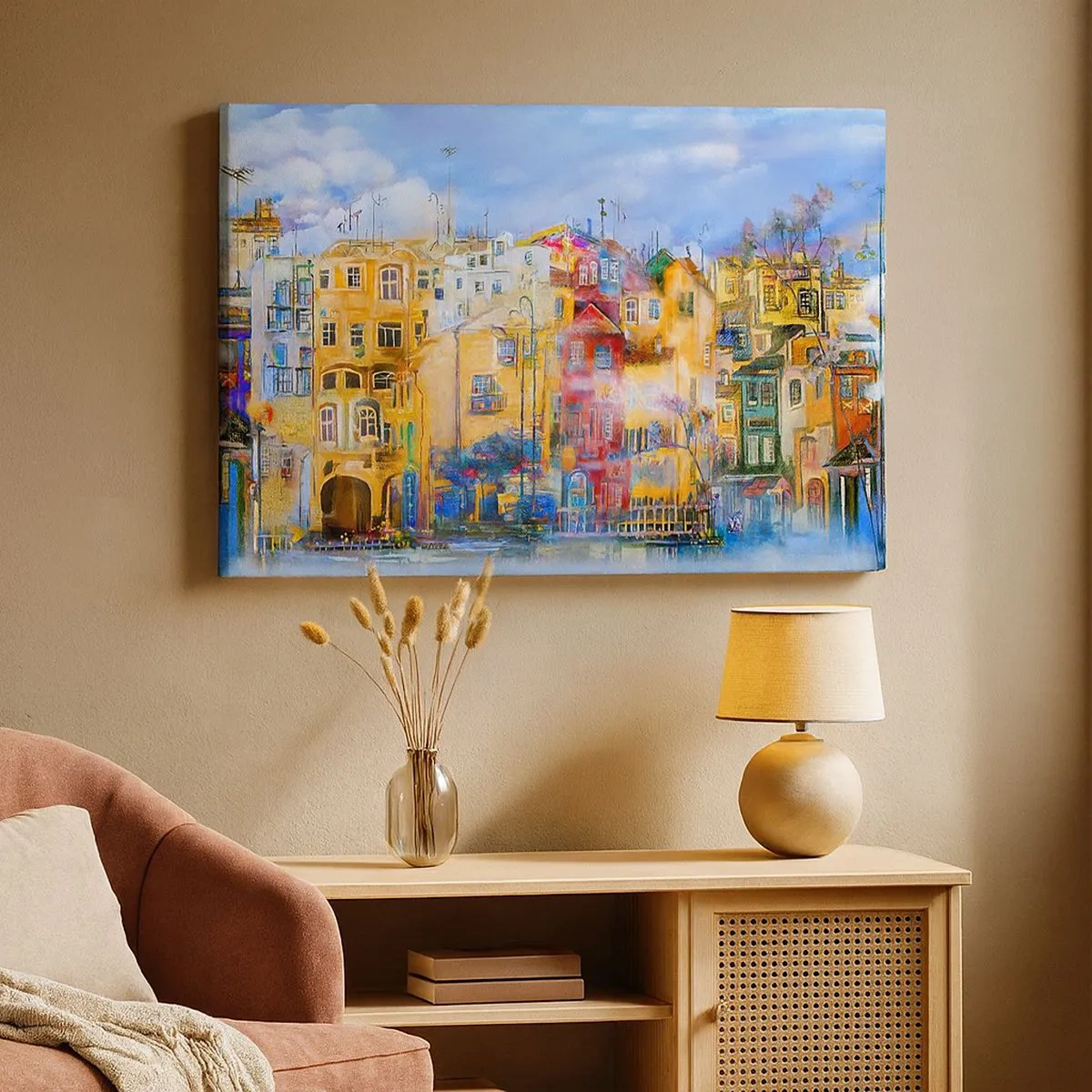 Lærredstryk - Billede på lærred - Farverige bybygninger i kunstnerisk stil - 70x50cm - Vi er sammen - Moderne vægdekoration til stue og soveværelse ARTTOR