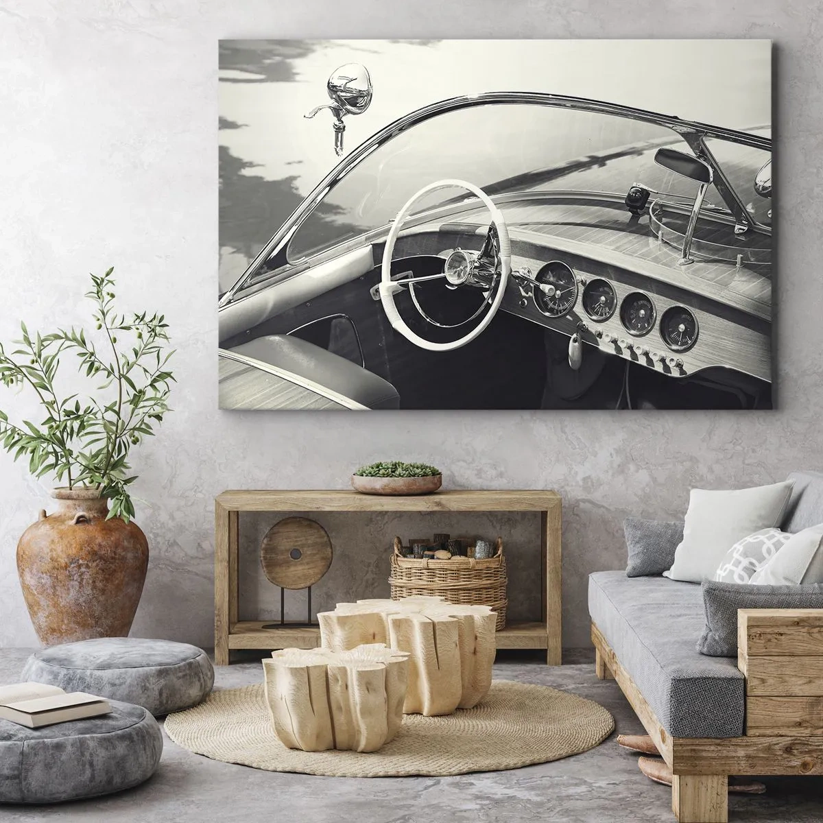 Lærredstryk - Billede på lærred - Klassisk bilinteriør i monokromatisk stil - 70x50cm - Vejr for de rige - Moderne vægdekoration til stue og soveværelse ARTTOR