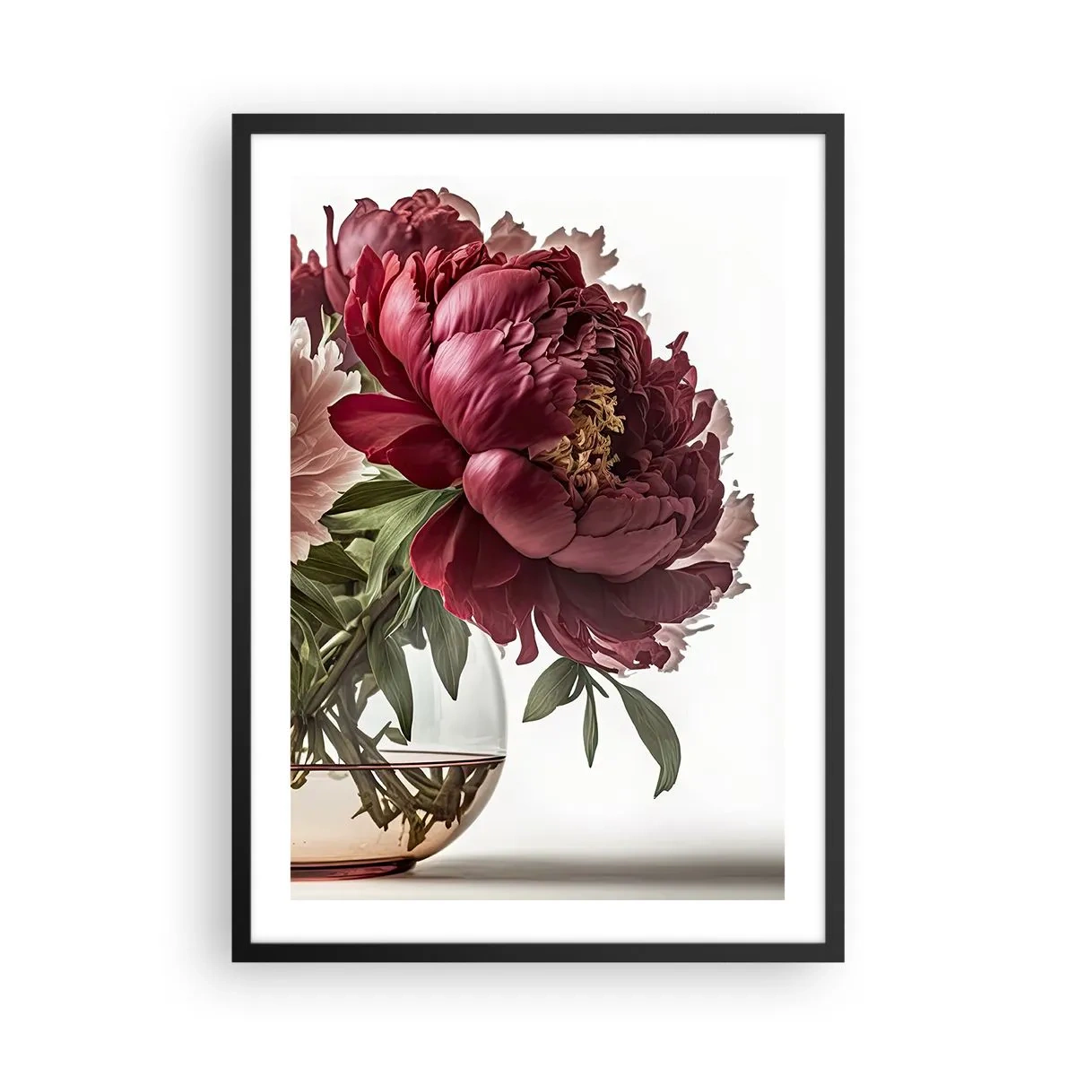 Plakat i sort ramme - Røde pæoner i en glasvase på en hvid baggrund - 50x70cm - I fuldt flor af skønhed - Moderne vægdekoration til stue og soveværelse ARTTOR