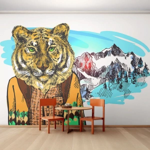 Fototapet Standard Eco - En tiger i vinterstyling mod et bjerglandskab - 100x70cm - Ikke så vild som han er tegnet - Moderne vægdekoration til stue og soveværelse ARTTOR