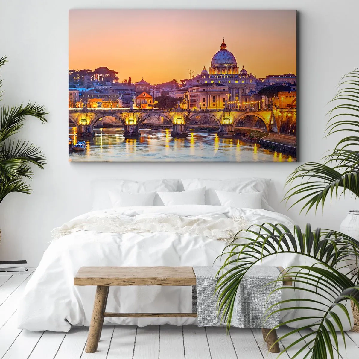 Lærredstryk - Billede på lærred - Panorama over Vatikanet ved solnedgang med en bro over floden - 70x50cm - Tusmørke over den evige by - Moderne vægdekoration til stue og soveværelse ARTTOR