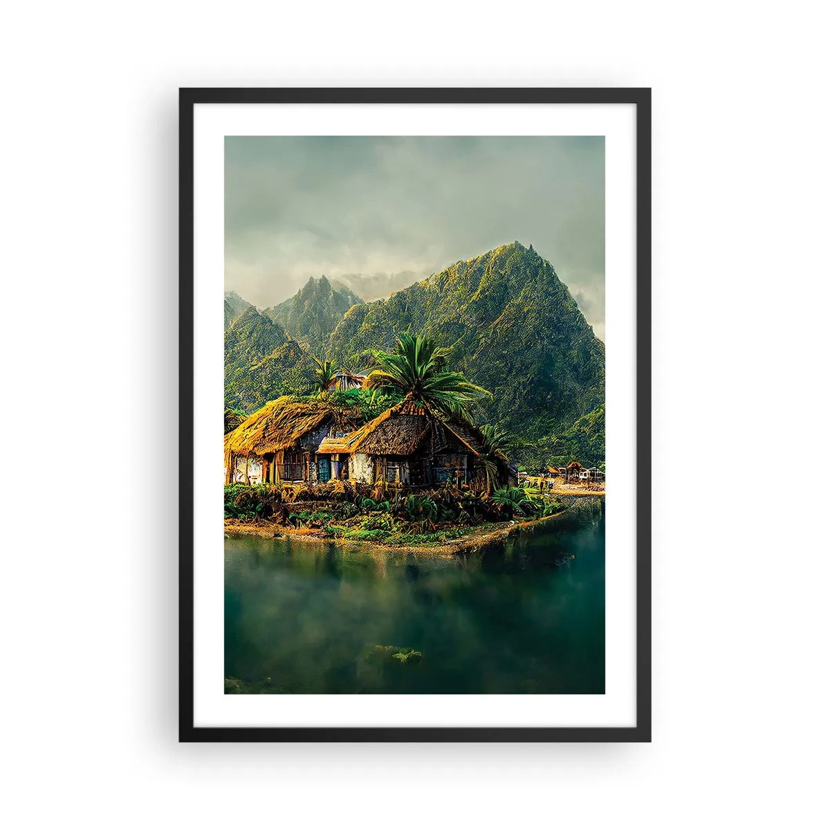 Plakat i sort ramme - Tropisk sommerhus med bjerge og en sø i baggrunden - 50x70cm - Tropisk paradis - Moderne vægdekoration til stue og soveværelse ARTTOR
