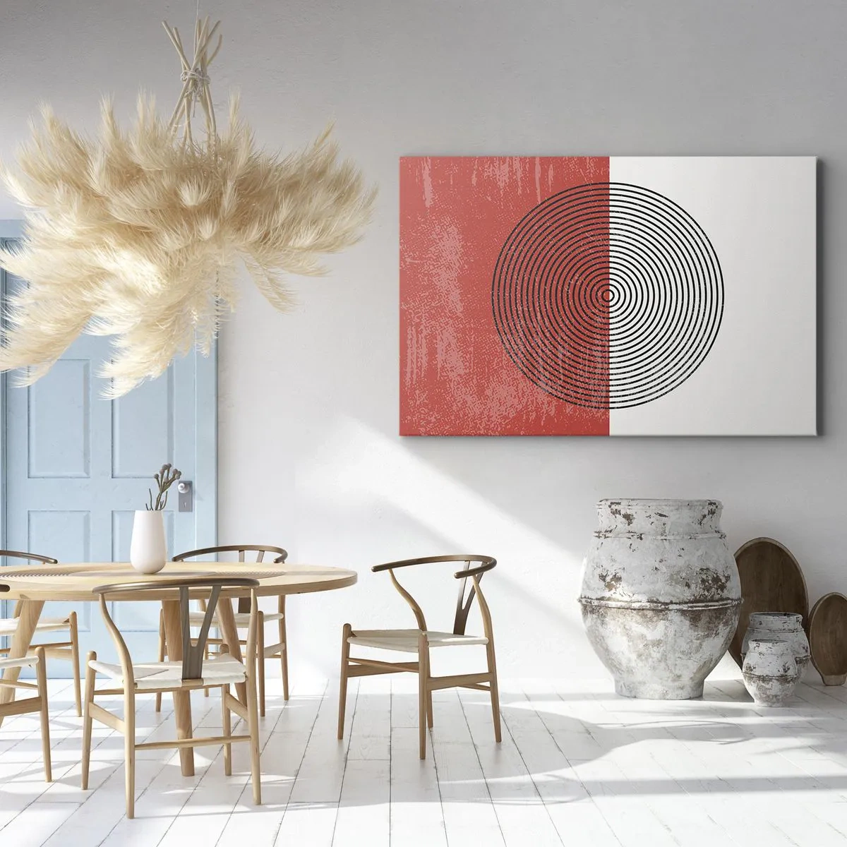 Lærredstryk - Billede på lærred - Geometrisk mønster med koncentriske cirkler på en rød og hvid baggrund - 70x50cm - Lige til sagen - Moderne vægdekoration til stue og soveværelse ARTTOR