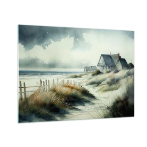 Billede på glas - Huse ved stranden under en overskyet himmel - 70x50cm - Væk fra trængsel og travlhed - Moderne vægdekoration til stue og soveværelse ARTTOR