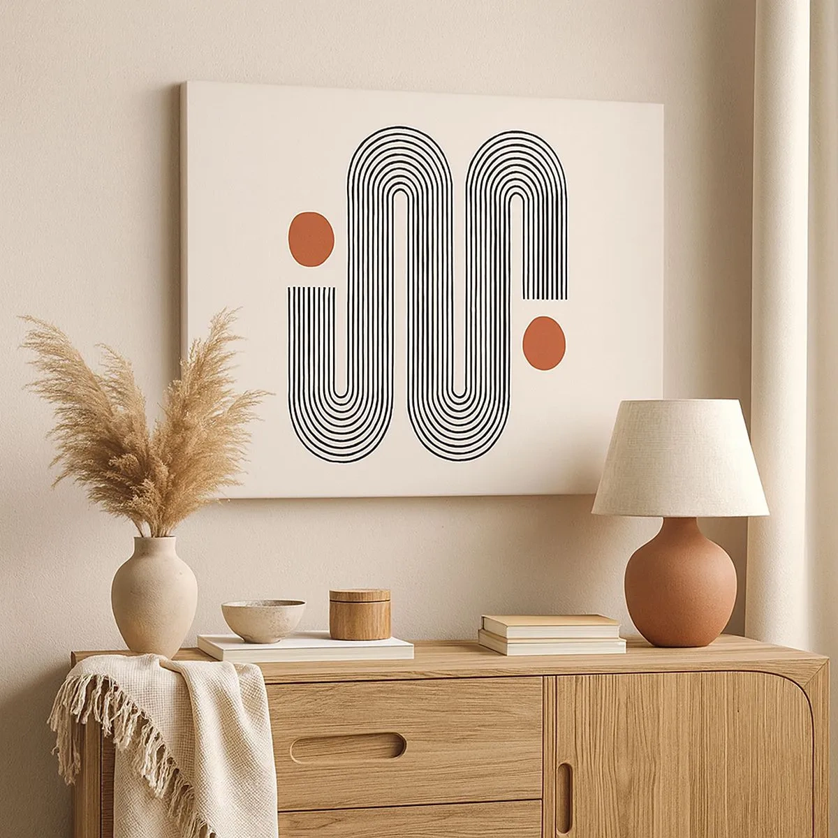 Lærredstryk - Billede på lærred - Geometrisk mønster med linjer og orange cirkler - 70x50cm - Fra start til slut - Moderne vægdekoration til stue og soveværelse ARTTOR