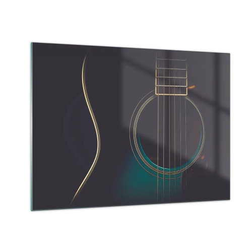 Billede på glas - Nærbillede af en sort akustisk guitar med strengedetaljer - 70x50cm - Et øjeblik før det lyder - Moderne vægdekoration til stue og soveværelse ARTTOR