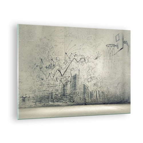 Billede på glas - Grafisk skitse med forretnings- og kreative elementer - 70x50cm - Mit vidunderlige byliv - Moderne vægdekoration til stue og soveværelse ARTTOR